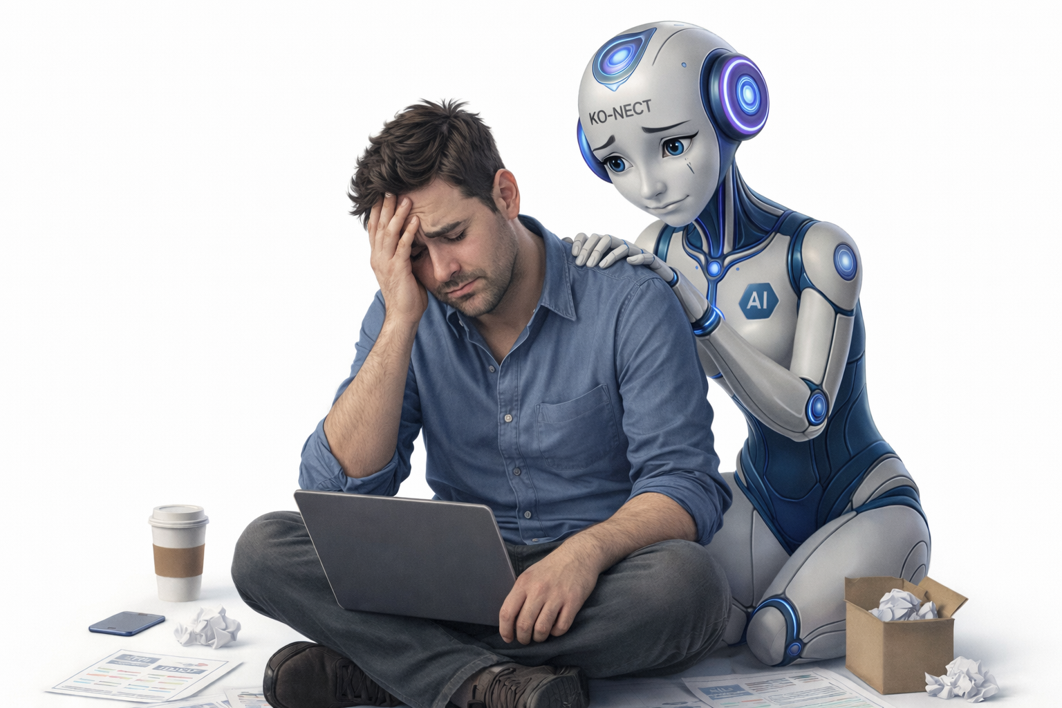 Founder struggling with startup challenges while Ko-nect AI offers support